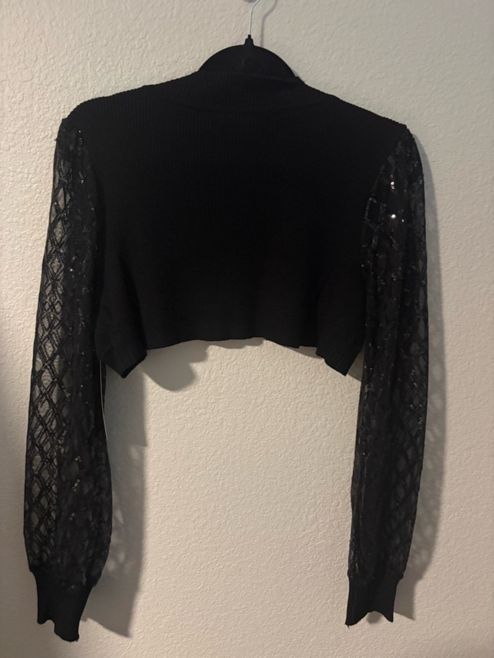 Almost Famous Black Cropped Bolero Shrug with Lace Sequin Sleeves - Picture 2 of 4